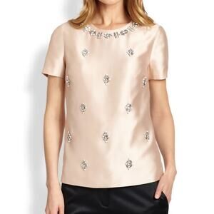 Tory Burch Vesper Bead Embellished Woven Silk Blouse Blush Champagne Size 0